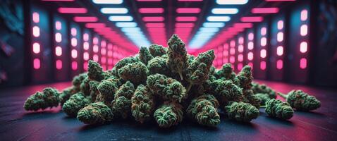 Colorful background of Cannabis buds in a dark place with led and neon lights. photo