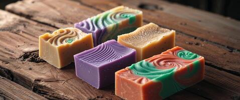 Colorful handmade soap bars with swirls and textures on a rustic wooden surface. photo