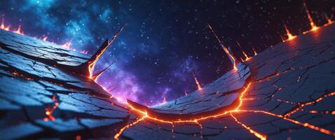 Earth's crust glowing with fiery cracks as it falls apart into space. photo