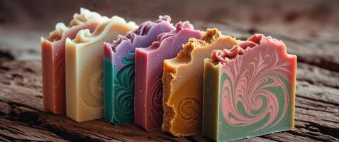 Colorful handmade soap bars with swirls and textures on a rustic wooden surface photo