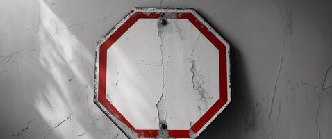 Weathered Octagonal Stop Sign with Blank Center and Faded Red Border. photo