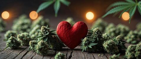 A red heart placed among cannabis buds on a wooden surface with soft glowing lights in the background creating a warm and cozy scene. photo