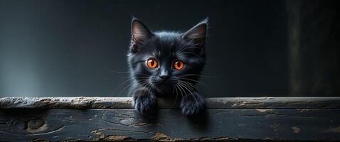A curious black kitten with striking red eyes peeks over a wooden ledge in a dark setting. photo