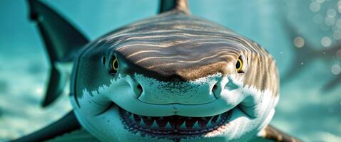 A close up of a shark with its mouth open photo