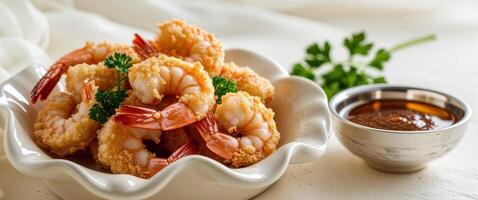 A bowl of fried shrimp with sauce and a spoon photo