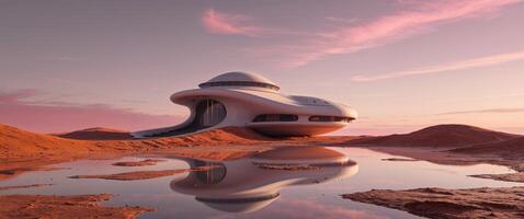 A futuristic house on the desert with a reflection photo