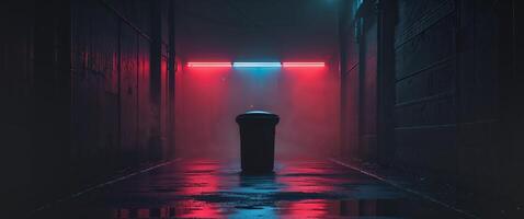 A red and blue neon light is shining in the dark photo