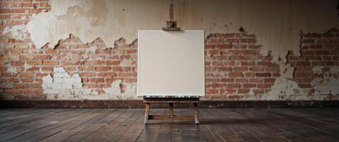 An empty easel in front of a brick wall photo