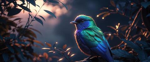 A colorful bird is sitting on a branch in the forest photo