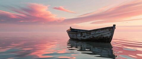 An old boat sitting on the water in front of a pink sky photo