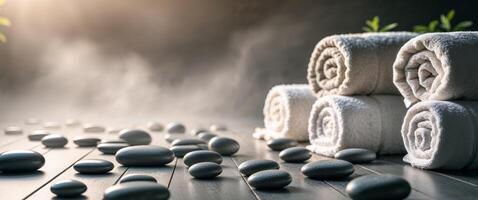 A Spa Setting With Smooth Stones And Rolled Towel. photo