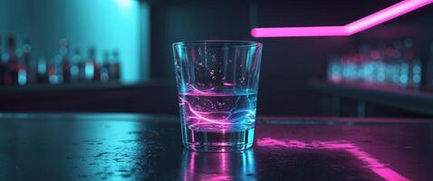Cyberpunk Glass of Water with Neon Lights Reflection in a Futuristic Bar Setting photo
