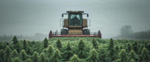 Hemp Harvesting with Machinery on Overcast Day photo