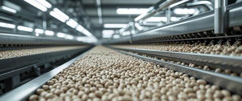 Soybeans Being Sorted and Processed on Production Line in Modern Processing Facility. photo