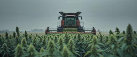 Hemp Harvesting with Machinery on Overcast Day. photo