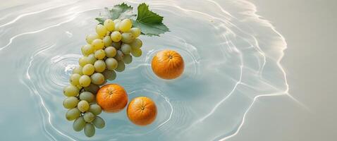 Fresh grapes and oranges submerged in a shallow pool of water with ripples photo