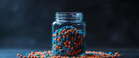 Pelleted Fish Food in Glass Jar on Dark Background. photo