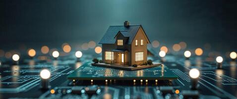 House Model on Circuit Board with Glowing Lights in Dark Setting. photo