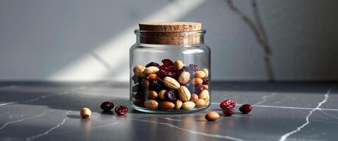 Glass jar with cork lid filled with mixed nuts and dried cranberries on marble surface. photo