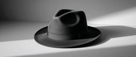 A black hat sitting on a table in front of a window photo