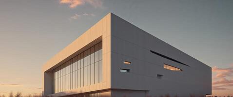 Modern Angular Building with Warm Lighting at Dusk photo