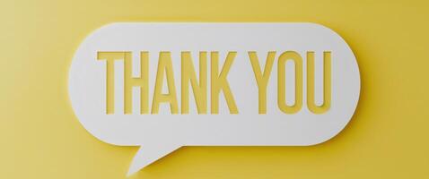 Bright yellow background with a speech bubble expressing gratitude in bold letters captures a joyful and positive message of appreciation photo