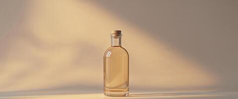 Glass bottle with liquid on a warm background. photo
