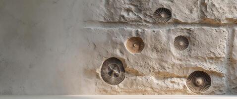 Stone wall background with embedded fossils for natural design and decor. photo