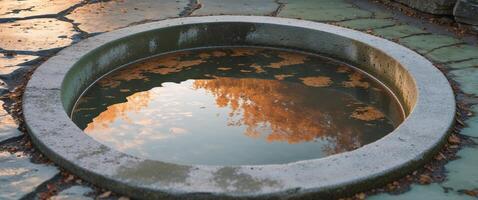 A circular pool with a reflection of a tree photo