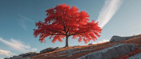 A red tree stands on a hill with rocks photo