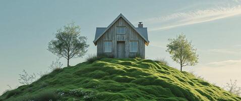 A small house sits on top of a hill photo