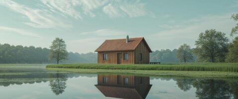 A small wooden house sits on the edge of a lake photo