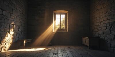 A room with a window and a bench in it photo