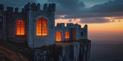 A castle with windows lit up at sunset photo