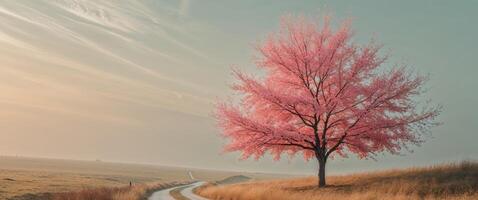 A pink tree stands alone in the middle of a field photo