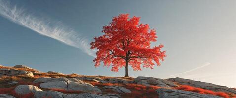A red tree stands alone on a hill photo