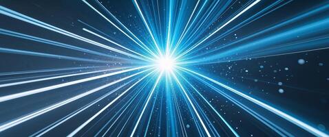 A blue light beam is shining through the dark background photo