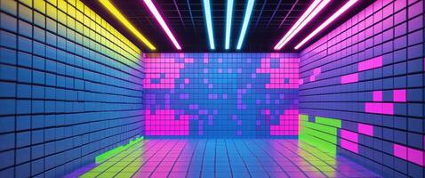 A neon light tunnel with colorful blocks photo