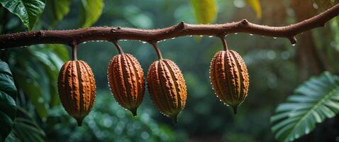 Cocoa beans hanging from a tree branch photo