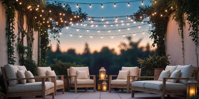 Cozy evening patio with string lights and comfortable seating under a twilight sky photo