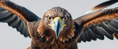 A close up of an eagle's head with its wings spread photo