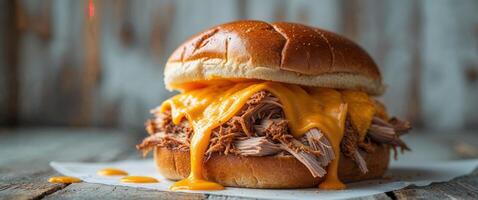 Melted Cheese Pulled Pork Sandwich on Rustic Wooden Background photo