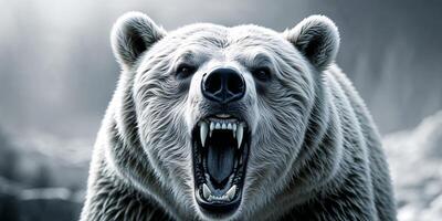 A fierce white bear roaring with aggressive sharp teeth displayed photo