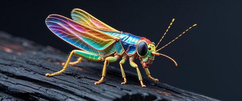 Extreme Macro of a Colorful Leafhopper on Dark Wood. photo