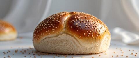 Freshly Baked Sesame Seed Bun with Golden Brown Color and Soft Texture. photo