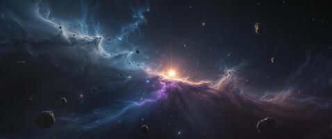 Stunning Nebula Space Art with Asteroids and Bright Star. photo