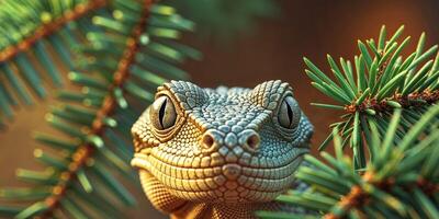 A lizard is looking at the camera in a pine tree photo