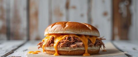 A pulled pork sandwich with cheese on top photo