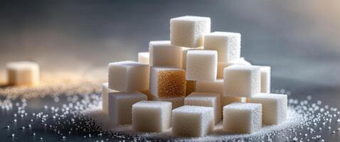Sweet Sugar Cubes Piled on a Dark Surface with Sugar Granules photo