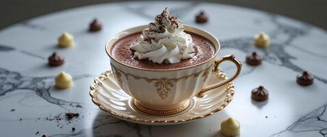 Delicious hot chocolate topped with whipped cream and cocoa placed on a marble table surrounded by chocolate treats photo